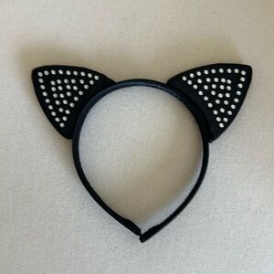 Super Cute Black Satin Kitty Cat Crystal Ears Head Band For Halloween Costume